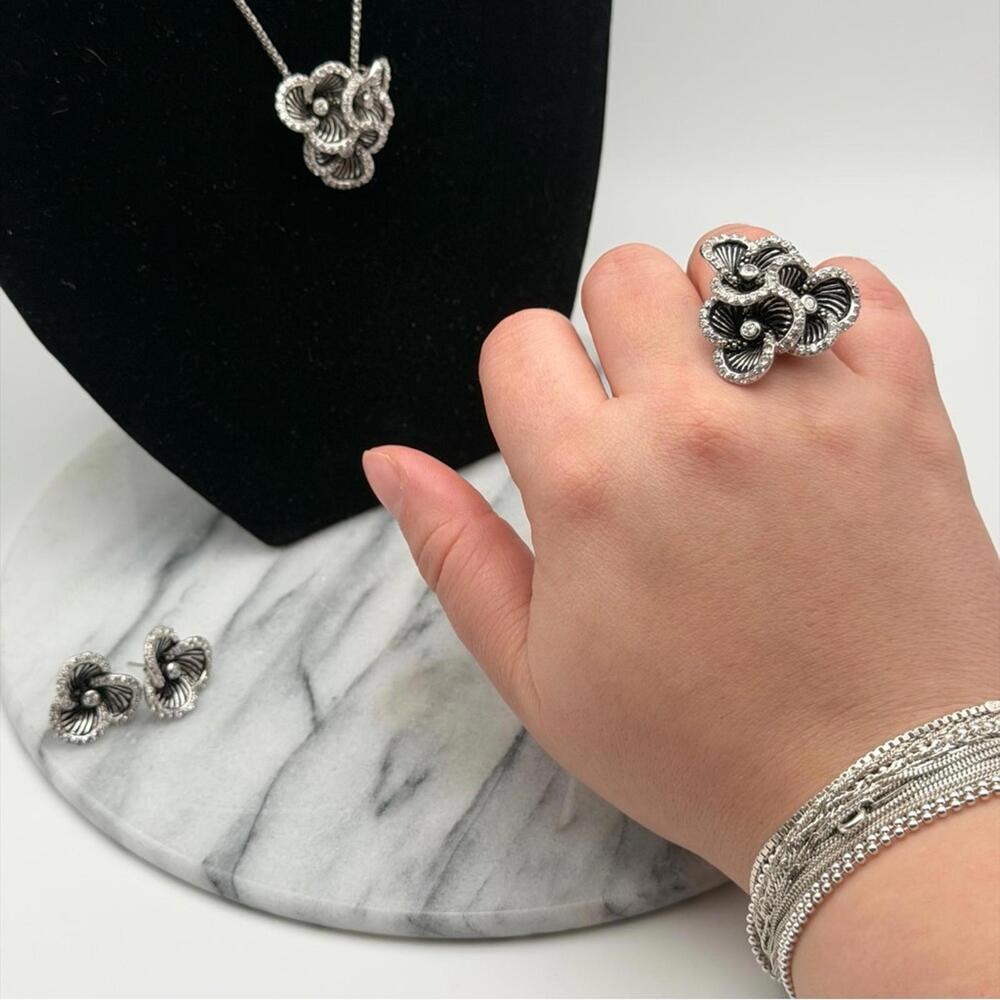 Tocara Sterling Silver Floral Necklace, Ring & Earrings Set – Made In Italy - Picture 5 of 8